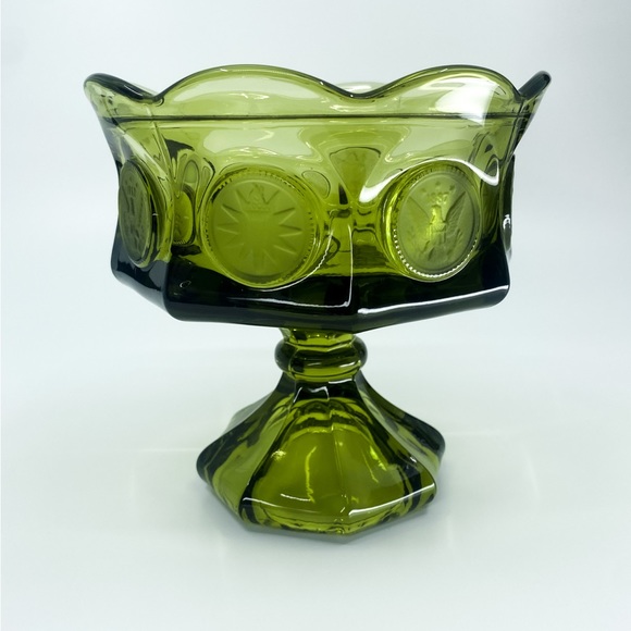 Vintage 1960s Fostoria Green Wedding Compote Bowl Coin Dot Glass - Picture 4 of 10